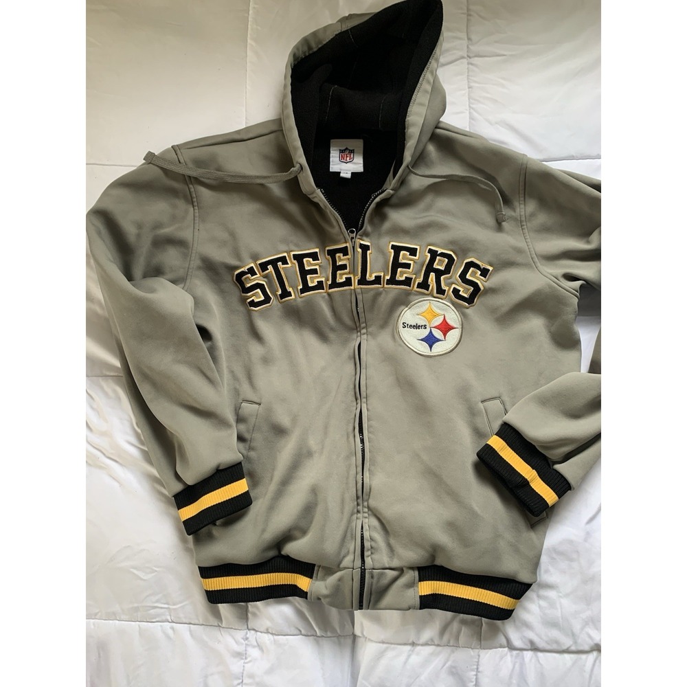 Pittsburgh Steelers NFL Men's Large Gray Full Zip Hooded‎ Fleece Jacket